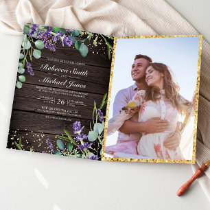 Lavender Eucalyptus Rustic Wood QR Code Wedding Invitation