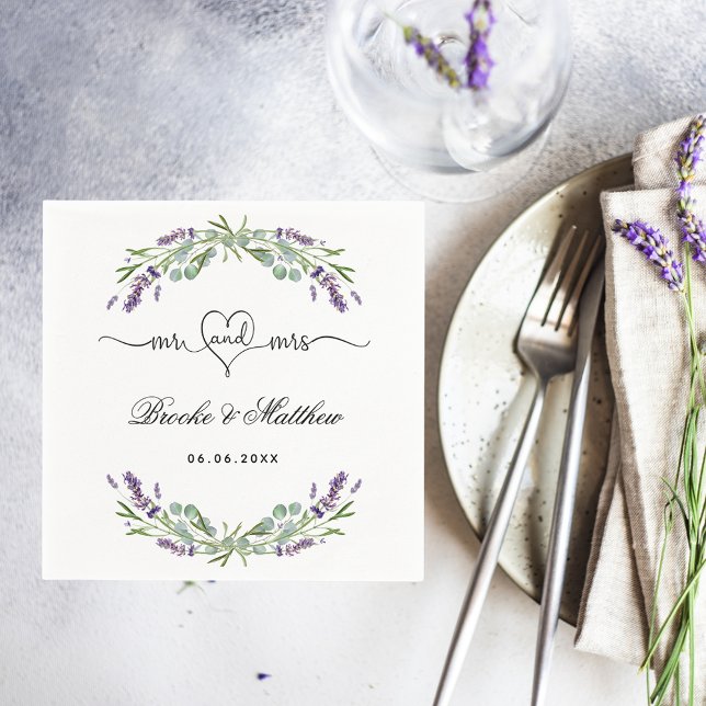 Lavender eucalyptus script mr mrs heart wedding napkin (Creator Uploaded)