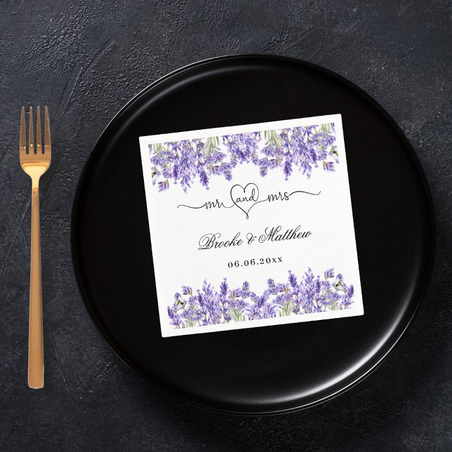 Lavender eucalyptus script mr mrs heart wedding napkin (Creator Uploaded)