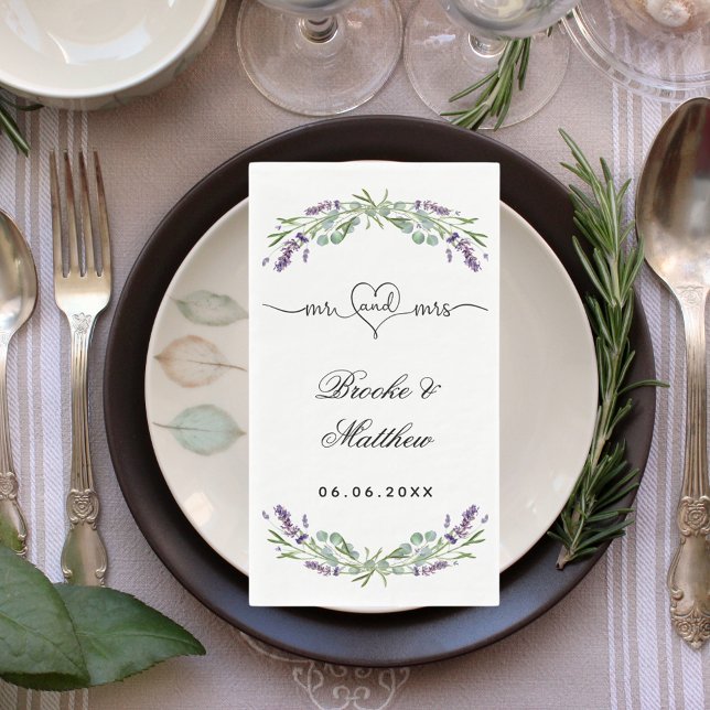 Lavender eucalyptus script mr mrs heart wedding napkin (Creator Uploaded)