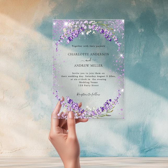 Lavender eucalyptus sparkles evening wedding  acrylic invitations (Creator Uploaded)