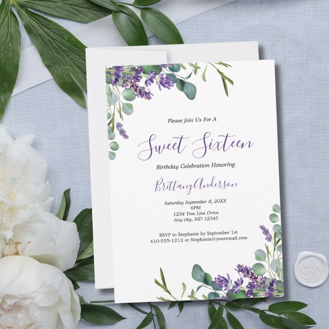 Lavender Eucalyptus Sweet Sixteen 16 Birthday Invitation (Lavender and Eucalyptus Sweet Sixteen 16th birthday party invitation. Digital or Printed. )