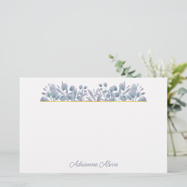 Lavender Eucalyptus Watercolor Border Stationery (Standing Front)