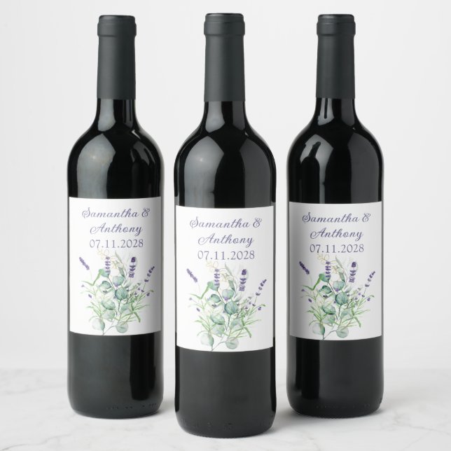 Lavender Eucalyptus Watercolor Herbs Purple  Wine Label (Bottles)