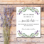 Lavender eucalyptus wedding budget save the date<br><div class="desc">A modern and elegant Save the Date for a wedding. A white background decorated with lavender flowers and eucalyptus greenery.  Personalise and add a date and your names. The text: Save the Date is written with a large trendy hand lettered style script.
Back: green background</div>