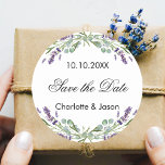 Lavender eucalyptus wedding Save the Date Classic Round Sticker<br><div class="desc">A stylish white background decorated with lavender flowers and eucalyptus greenery.  Personalise and add your names and wedding date.</div>