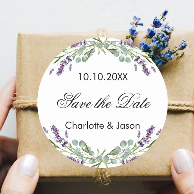 Lavender eucalyptus wedding Save the Date Classic Round Sticker (Creator Uploaded)