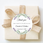 Lavender eucalyptus wedding thank you classic round sticker<br><div class="desc">Seal your wedding favors with this elegant lavender thank you sticker. The design features a delicate watercolor wreath of purple lavender sprigs and soft green eucalyptus foliage. These labels are perfect for late summer or fall weddings following a rustic garden theme.</div>