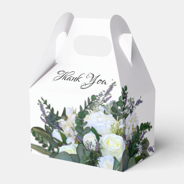 Lavender Eucalyptus white roses greenery  Favour Box (Front Side)