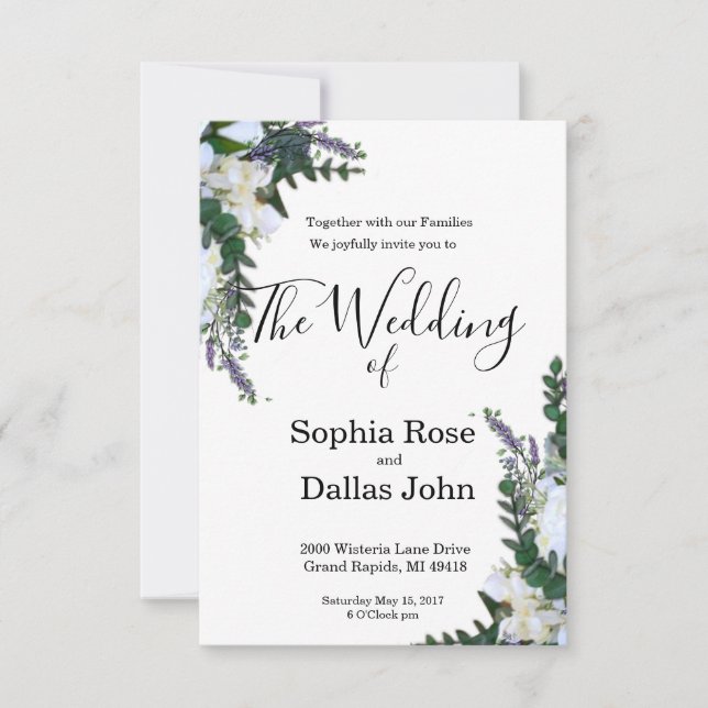 Lavender Eucalyptus white roses greenery Wedding Invitation (Front)