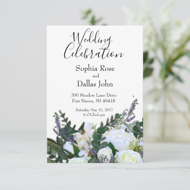 Lavender Eucalyptus white roses greenery  Wedding Invitation (Standing Front)