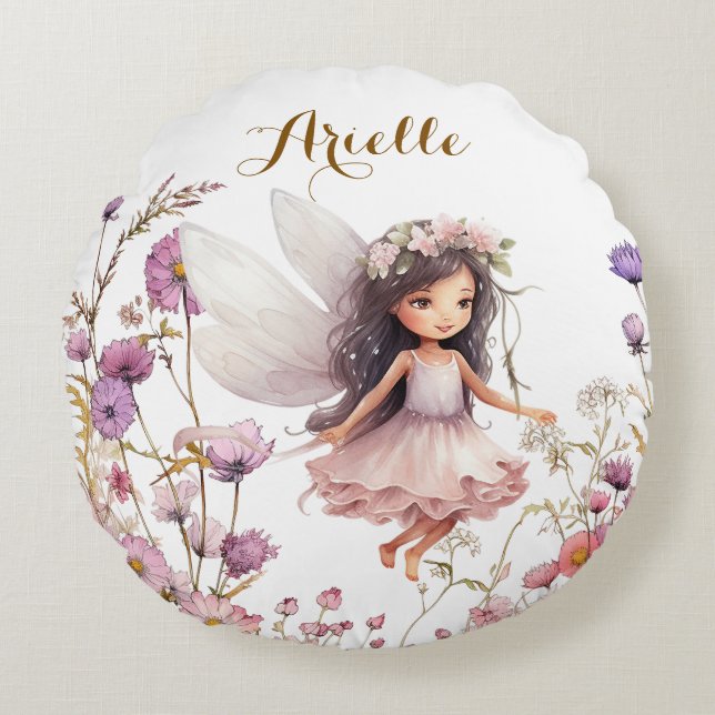 Lavender fairy wildflower pixie birthday gift round cushion (Front)