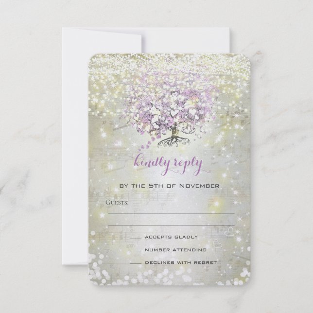 Lavender Fairytale Lights and Stars Wedding RSVP Card (Front)