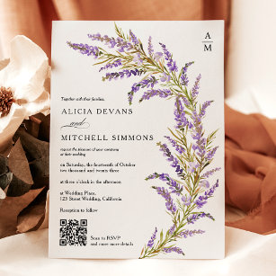 Lavender Fall autumn floral watercolor QR wedding  Invitation