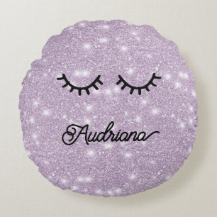 Lavender Faux Glitter Eyelashes Personalized Name Round Cushion