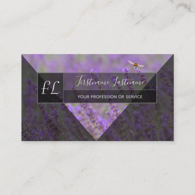 Lavender field bumblebee grey triangles monogram business card (Front)