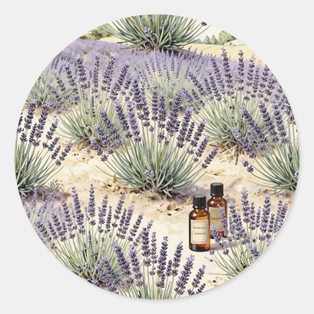 Lavender Field Essential Oil Watercolor Pattern Classic Round Sticker (Front)