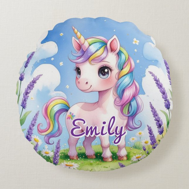 Lavender Field Unicorn Editable Name Round Pillow (Front)