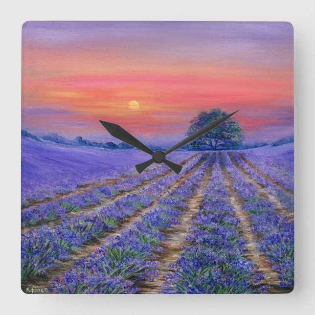 Lavender Fields at Sunset Square Wall Clock (Front)