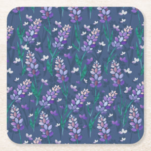 Lavender Fields Pattern in Purple Square Paper Coaster