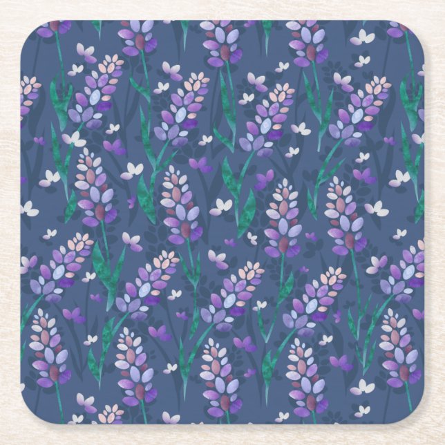Lavender Fields Pattern in Purple Square Paper Coaster (Front)