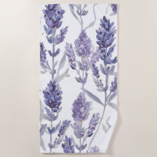 Lavender Fields Purple Watercolor Flower Pattern Beach Towel