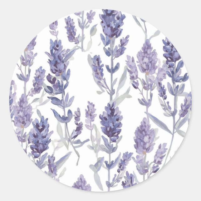 Lavender Fields | Purple Watercolor Flower Pattern Classic Round Sticker (Front)