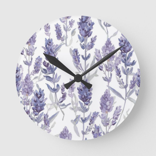 Lavender Fields | Purple Watercolor Flower Pattern Round Clock (Front)