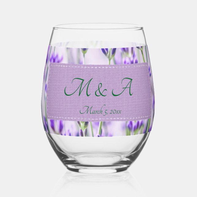 Lavender Fields Wedding Stemless Wine Glass (Front)