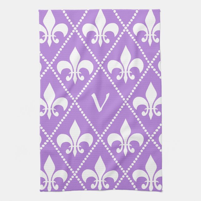 Lavender Fleur de Lis with monogram initial Tea Towel (Vertical)