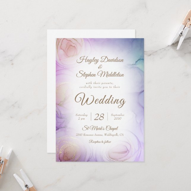 Lavender Floral Abstract Wedding Invitation (Front/Back In Situ)