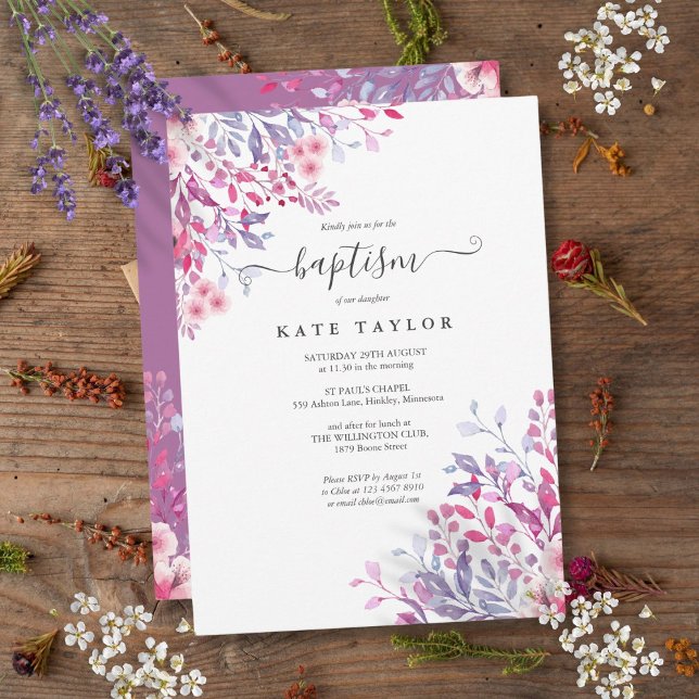 Lavender Floral Baptism Christening Invitation (Lavender Floral Baptism Christening Invitation)