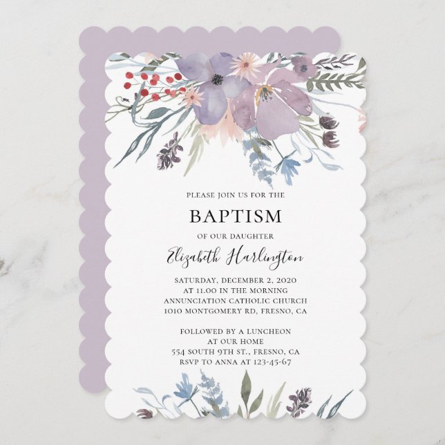 Lavender floral baptism. Purple flowers. Botanical Invitation (Front/Back)
