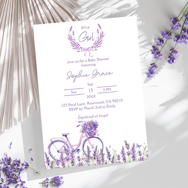 Lavender Floral Bicycle Baby Shower Invitation (Creator Uploaded)