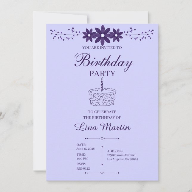 Lavender Floral Birthday Invitation (Front)