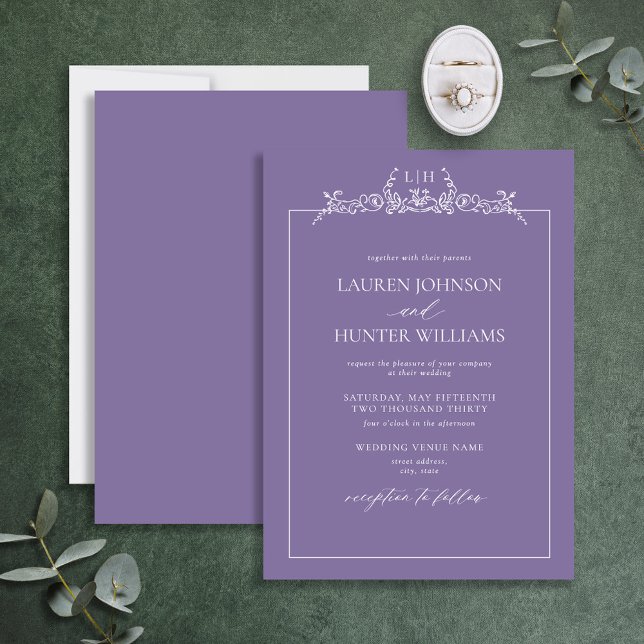 Lavender Floral Border Monogram Wedding Invitation (Creator Uploaded)