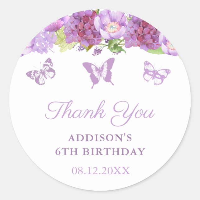 Lavender Floral Butterflies Birthday Party Favour Classic Round Sticker (Front)
