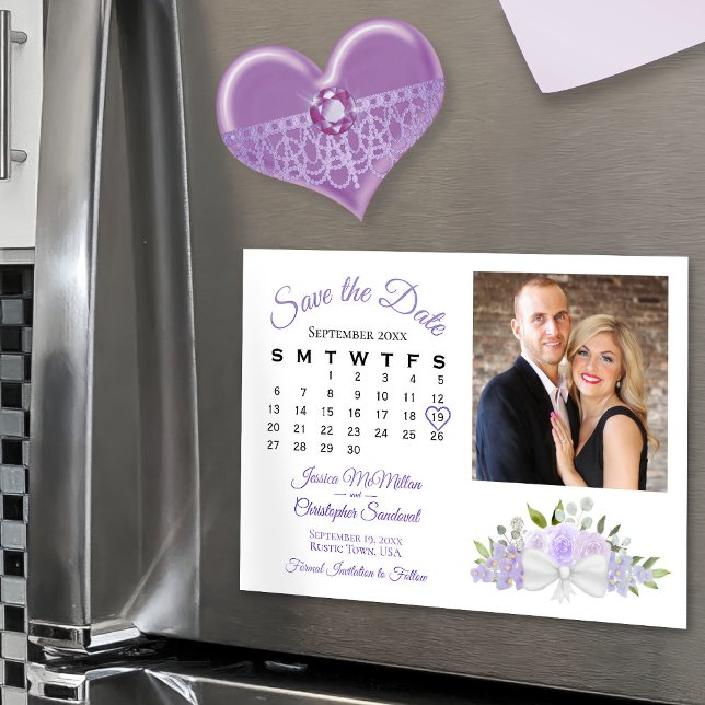Lavender Floral Calendar & Photo Save the Date Magnetic Invitation (Creator Uploaded)