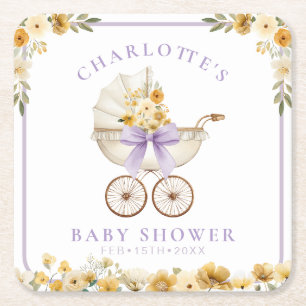 Lavender Floral Carriage Baby Shower Coaster