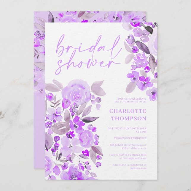 Lavender floral casual script bridal shower invitation (Front/Back)