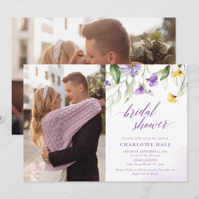 Lavender Floral Couple Photo Bridal Shower Invitation (Front/Back)