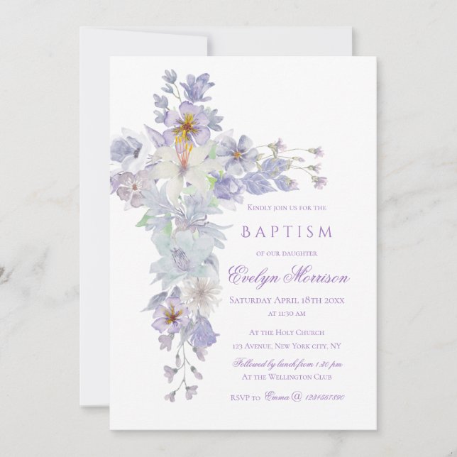 Lavender Floral Cross Baptism Invitation (Front)