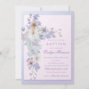 Lavender Floral Cross Baptism Invitation