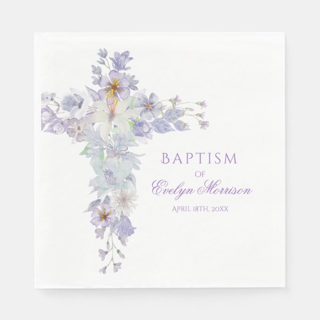 Lavender Floral Cross Baptism Napkins (Front)