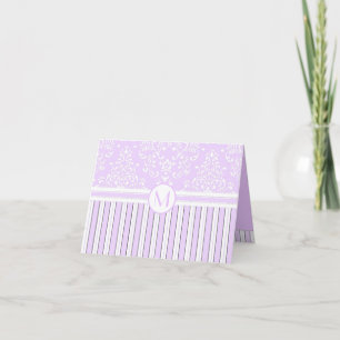 Lavender Floral Damask and Stripes-Monogram Note Card