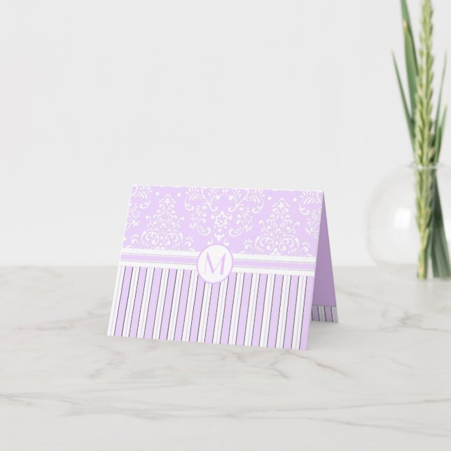Lavender Floral Damask and Stripes-Monogram Note Card (Front)