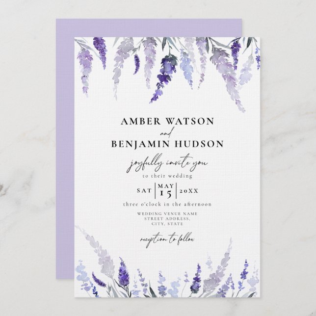 Lavender Floral Dusty Purple Mauve Lilac Wedding Invitation (Front/Back)