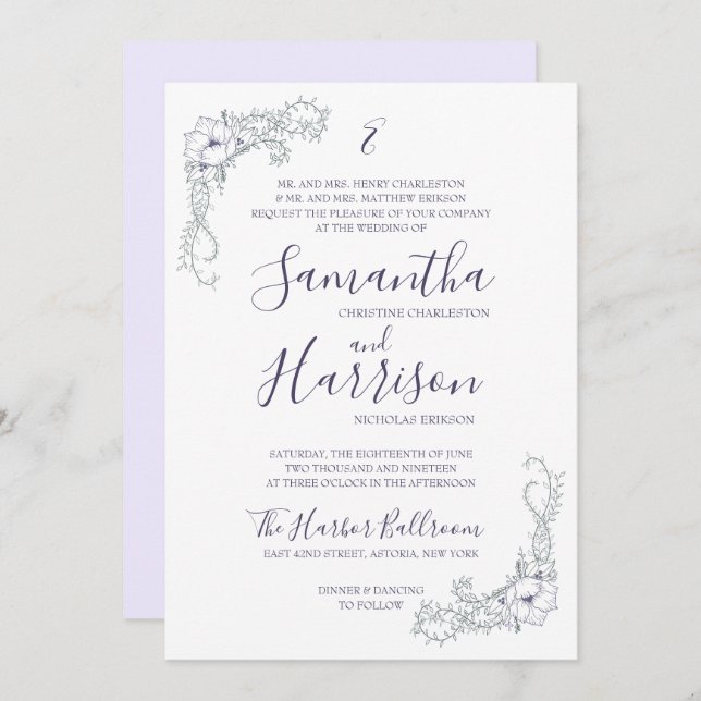 Lavender Floral Elegant and Minimal Wedding Invite (Front/Back)