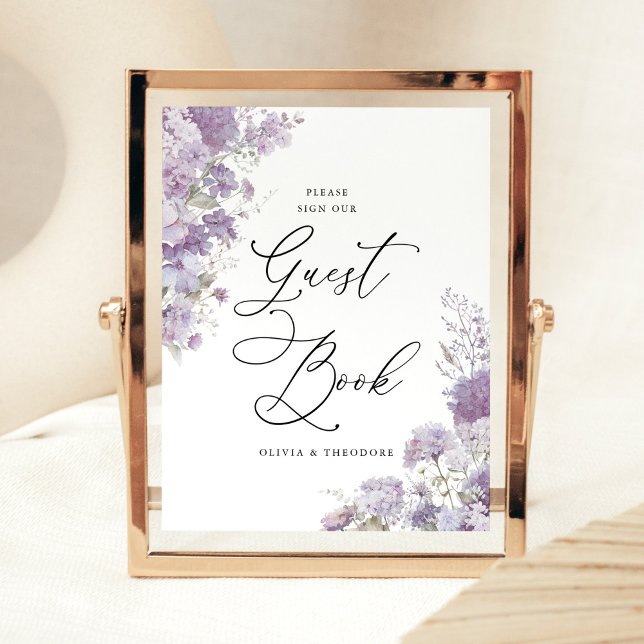 Lavender Floral Elegant Guest Book Wedding Table Pedestal Sign (Lavender floral guest book wedding sign with watercolor flowers, elegant purple reception signage)