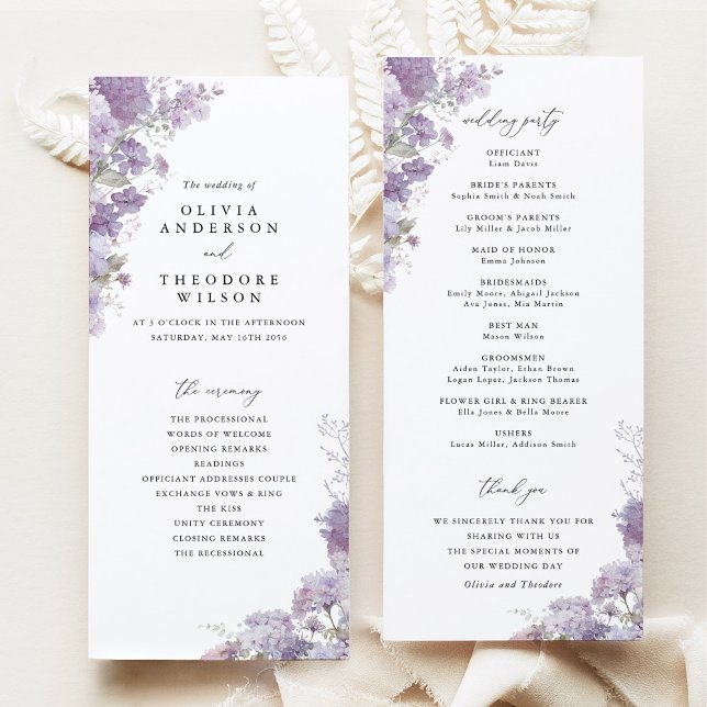 Lavender Floral Elegant Wedding Ceremony Program Programme (Lavender floral wedding ceremony program, watercolor lilac purple elegant wedding program stationery)
